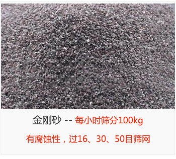 篩分金剛砂每小時100kg,有腐蝕性,過16、30、50目篩網(wǎng)